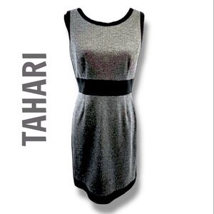 TAHARI ARTHUR LEVINE Sleeveless gray herringbone with black trim dress NWT 6P